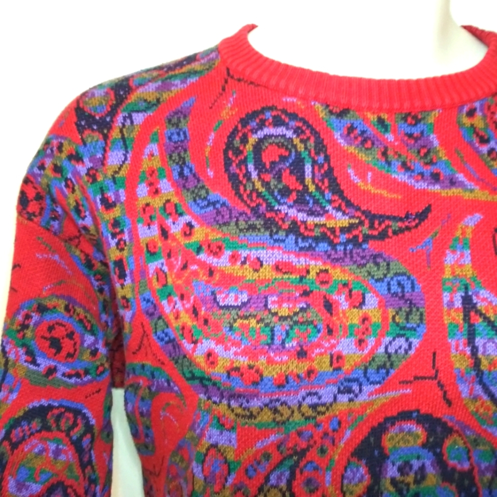 Vintage 80's Men's Grandpa Style Red & Purple Multicolored Paisley Sweater - Picture 2 of 10